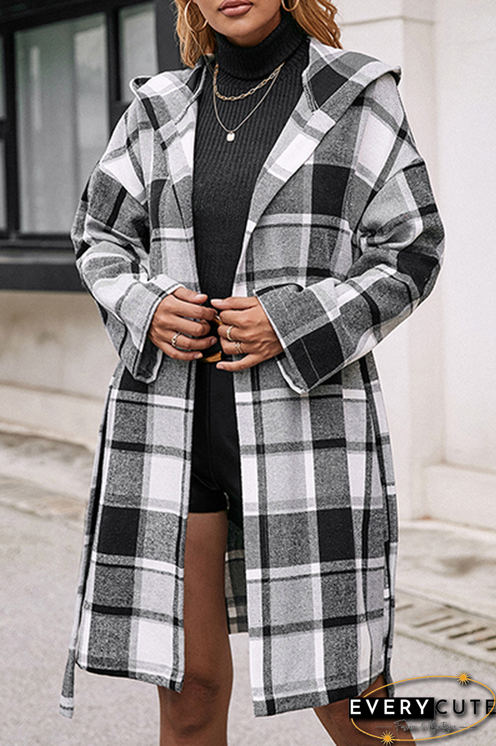 Fashion Elegant Geometric Pocket With Belt Hooded Collar Outerwear