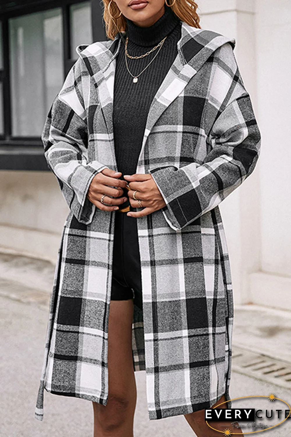 Fashion Elegant Geometric Pocket With Belt Hooded Collar Outerwear