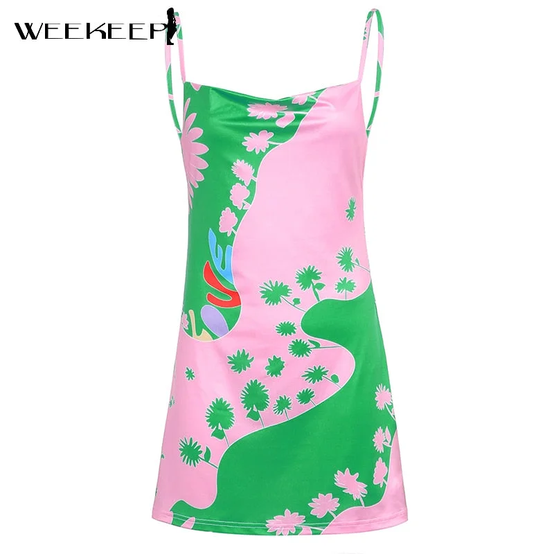 Weekeep New Pink Spaghetti Strap Dresses Women Sleeveless A-Line Backless Mini Dresses Summer Beach Vacation Sexy Ladies Outfits