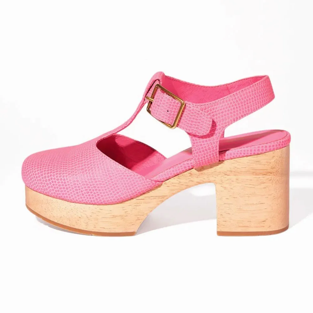 Platform Clogs Block Heel T-Strap Embossed Pink Pumps with Buckle