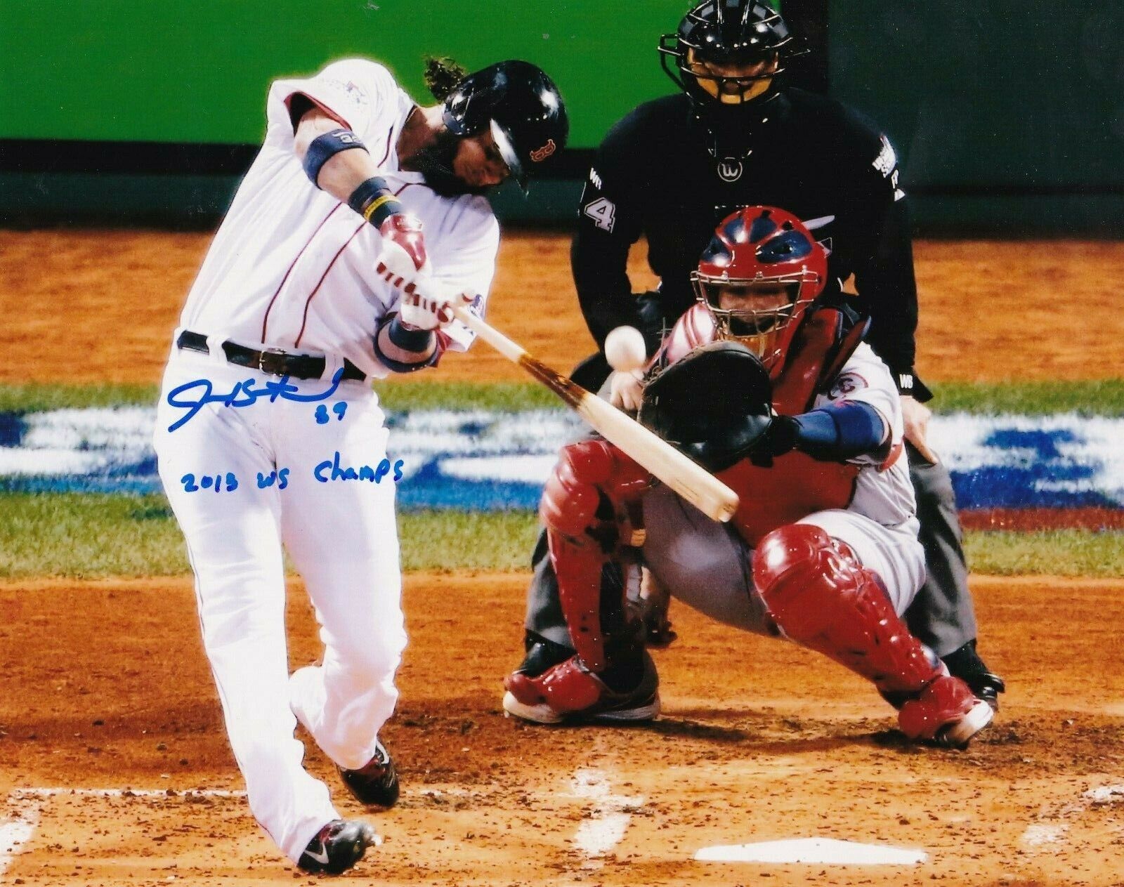 JARROD SALTALAMACCHIA BOSTON RED SOX 2013 WS CHAMPS ACTION SIGNED 8x10