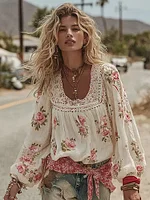 Women's Bohemian Style Vacation Romantic Rose Round Neck Comfortable Linen Top