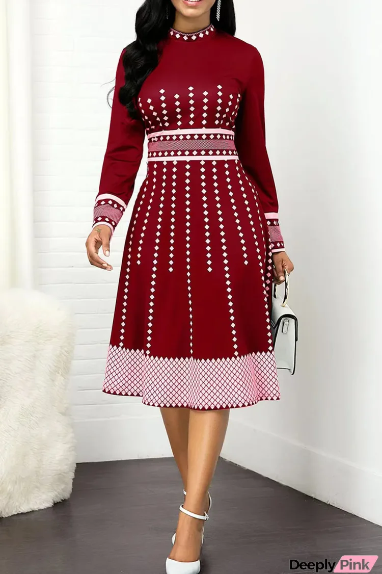 Burgundy Casual Print Polka Dot Patchwork O Neck A Line Dresses