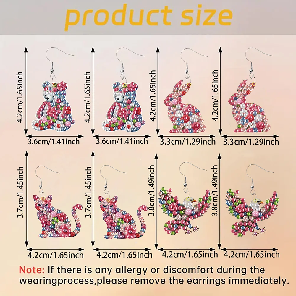4 Pairs Double Sided Flower Animal DIY Diamond Painting Earrings for Women Girls