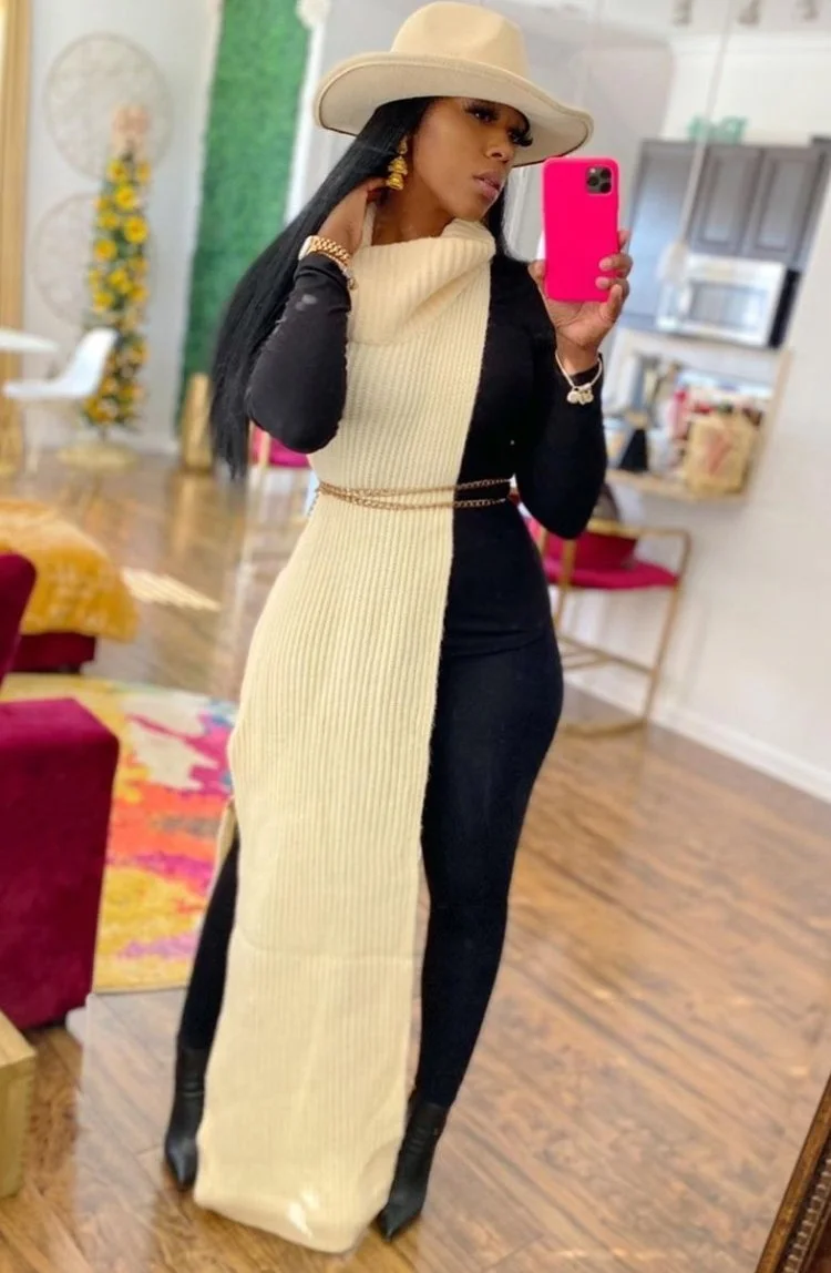 Toloer Toloer Turtleneck Side Slit Long Sweater Top 102-0-Outfit Ideas