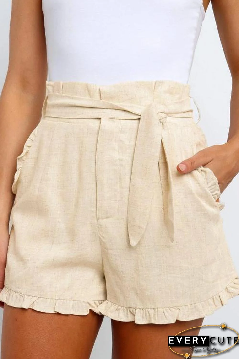 Beige Ruffled Trim High Waist Getaway Shorts