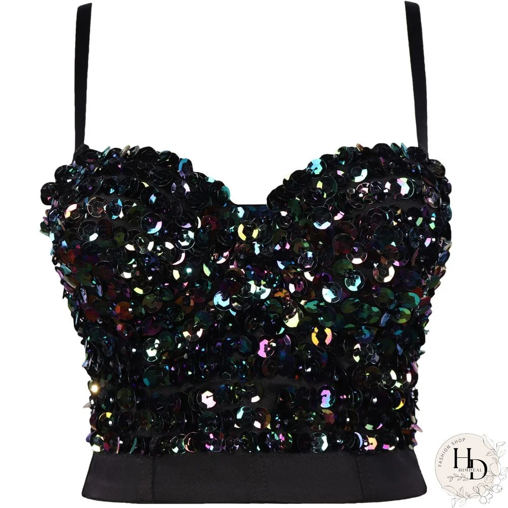 Women Holographic Rainbow Sequins Bustier Bra Spaghetti Strap Corset Camisole Reflective Bralette Crop Top Women Corset Clubwear