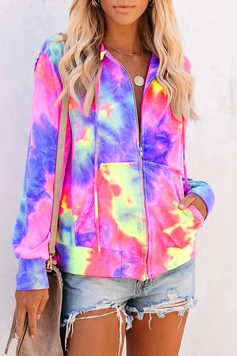 Hooded Collar Tie Dye Zipper Pocket Hoodies