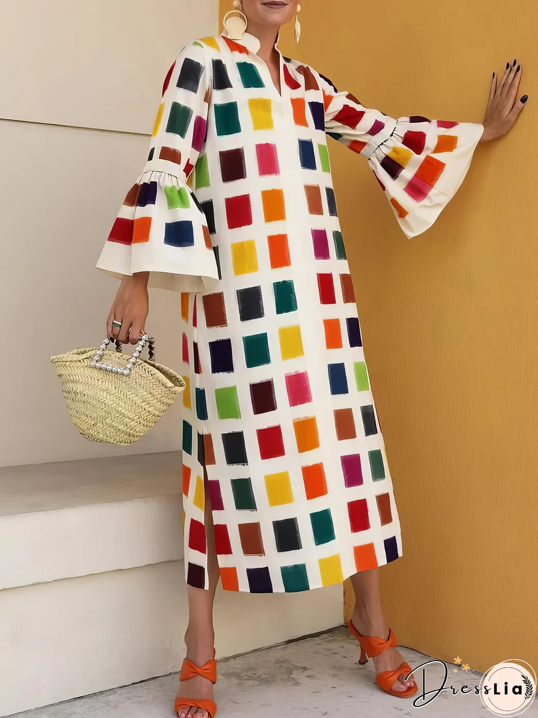 Multicolor Plaid Flared Long Sleeve Dress
