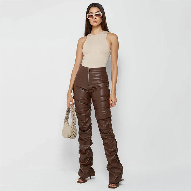 Brownm Fashion Tight Long Leather Trousers Personality Pants