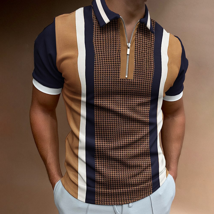 Street Wear Striped Print Casual Short Sleeve Zipper Men's Polo Shirts at Hiphopee