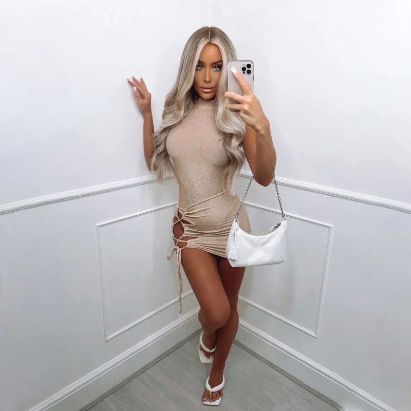 Hugcitar Bling Sleeveless Bandage Drawstring Hollow Out Bodycon Bodysuit Mini Dress 2 Pcs Set 2021 Fall Winter Fashion Y2K Party