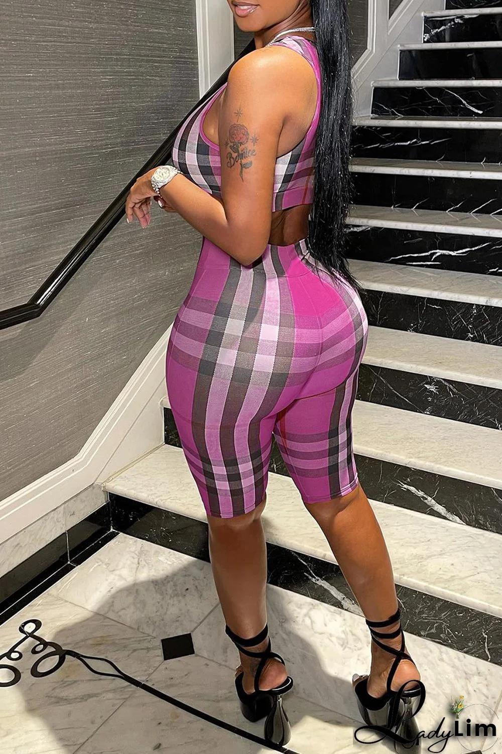 Khaki Fashion Casual Plaid Print Basic U Neck Sleeveless Two Pieces