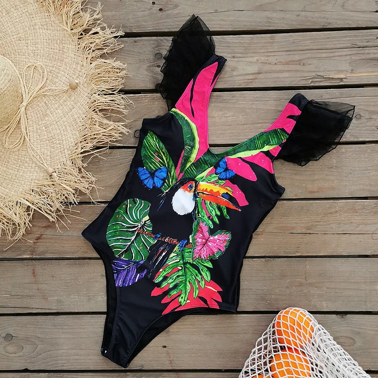 Flaxmaker Net Yarn Ruffle Printed Backless One Piece Swimsuit