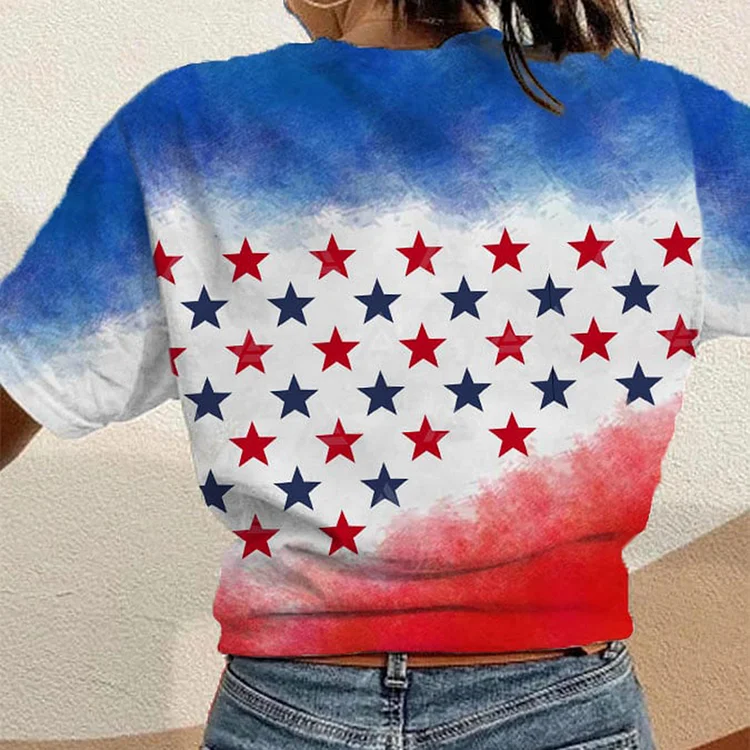 VChics American Flag Star Print Crew Neck T-Shirt
