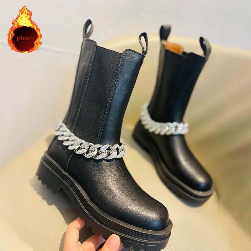 Women's Short Boots Black Removable Metal Chain Fashion Woman Ankle Boot Shoes Leather Platform Luxury Chelsea Boot Winter 2021