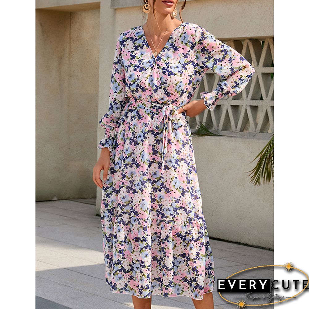 Light Purple V Neck Tie Waist Long Sleeve Floral Dress
