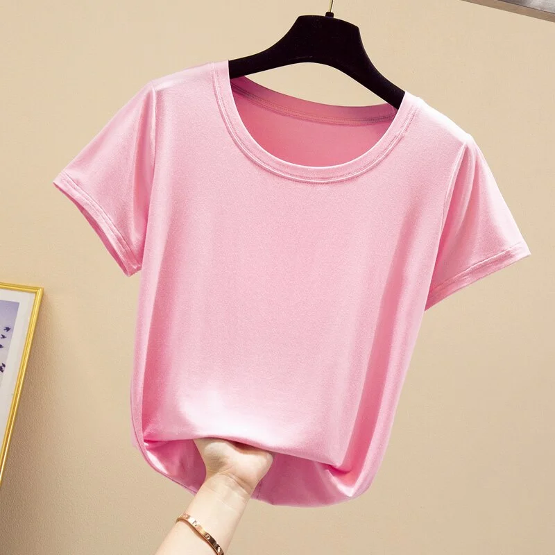 2020 Popular Light Thin High Elastic Fashion Casual Round Collar Short Sleeve T-Shirt Brand High Quality Pure Cotton Women'S Top