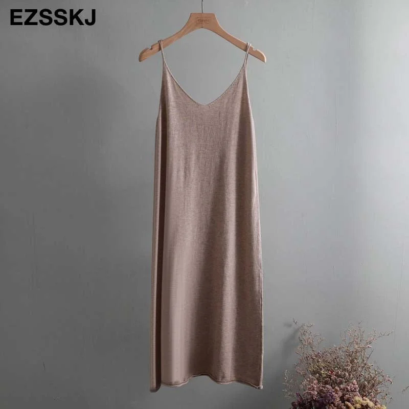 Ezsskj Spring summer 2020 Woman Knitted Tank Dress Casual Long Camisole Vest dress Women Loose  cashmere maix a-line dress