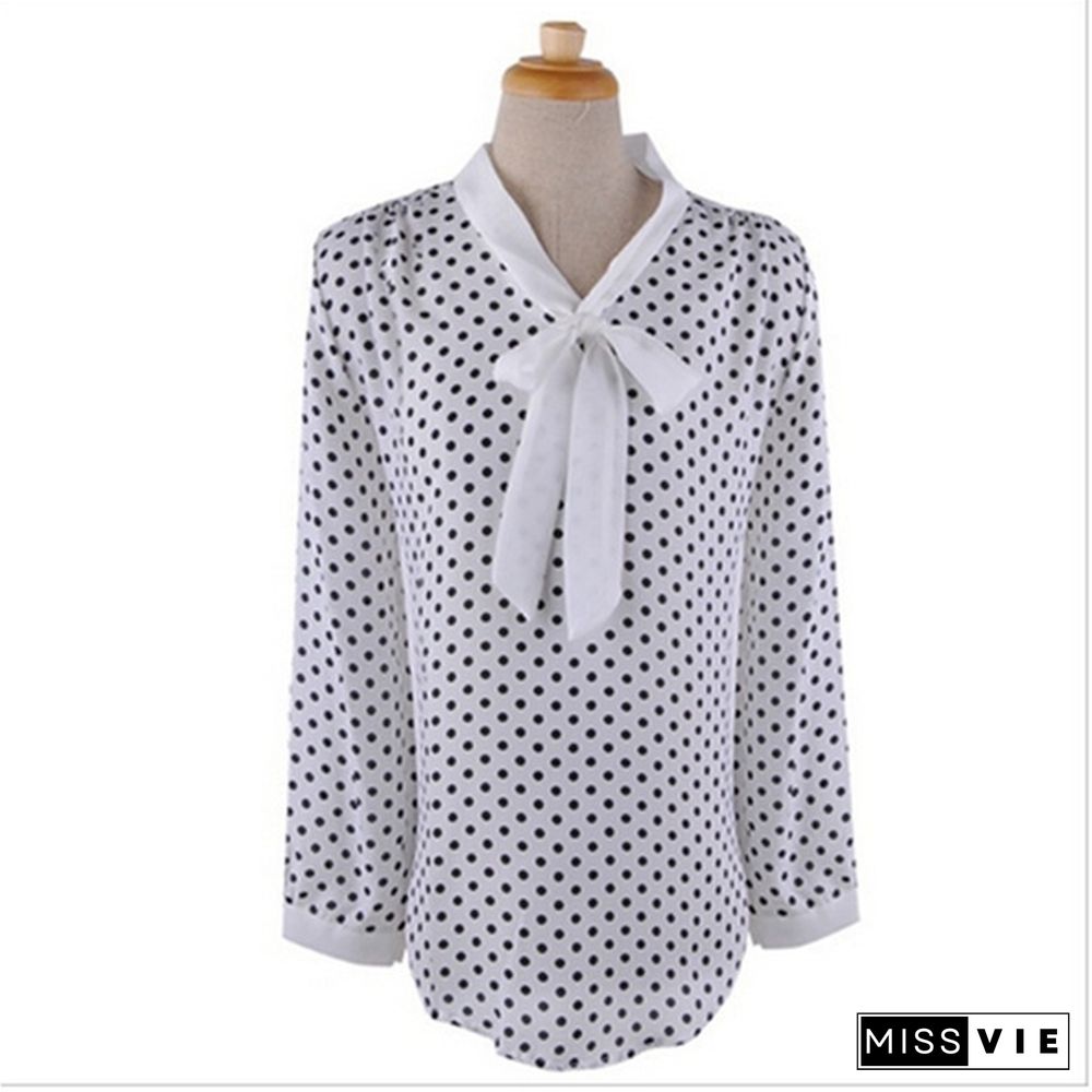 Spring And Summer Fashion Women Sweety Long Sleeve Chiffon Bowknot Shirt Hot Sale Casual O-Neck Dot Blouse Top