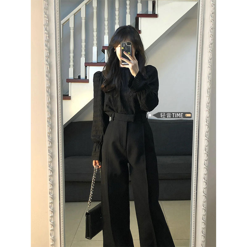 fall outfits women High-End Elegant Pleated Lantern Sleeve Shirt Suit Women's Early Autumn High Waist Straight Loose Slimming Suit Wide Leg Pants