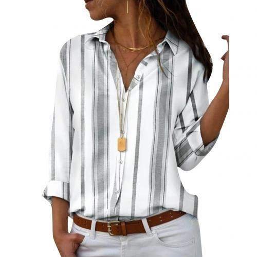 Women Vertical Stripe Long Sleeve Turn Down Collar Buttons Down Loose Shirt Casual Shirt Fashion Office Shirt Plus Size Tops
