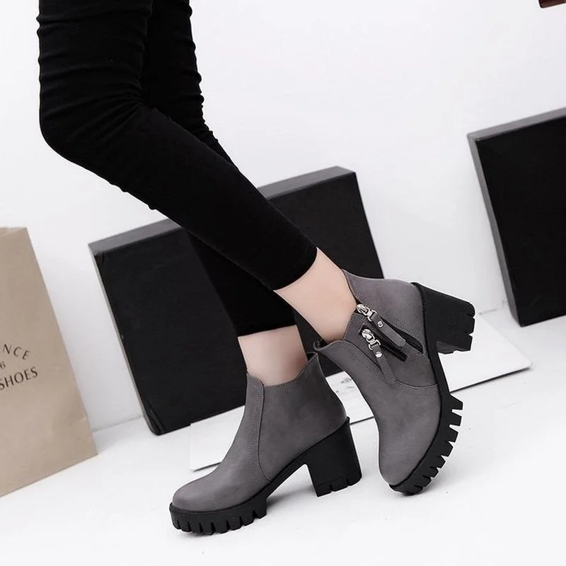 Women's buckle autumn and winter plus velvet short-tube black boots thick-heeled high-heeled women's motorcycle cotton boots