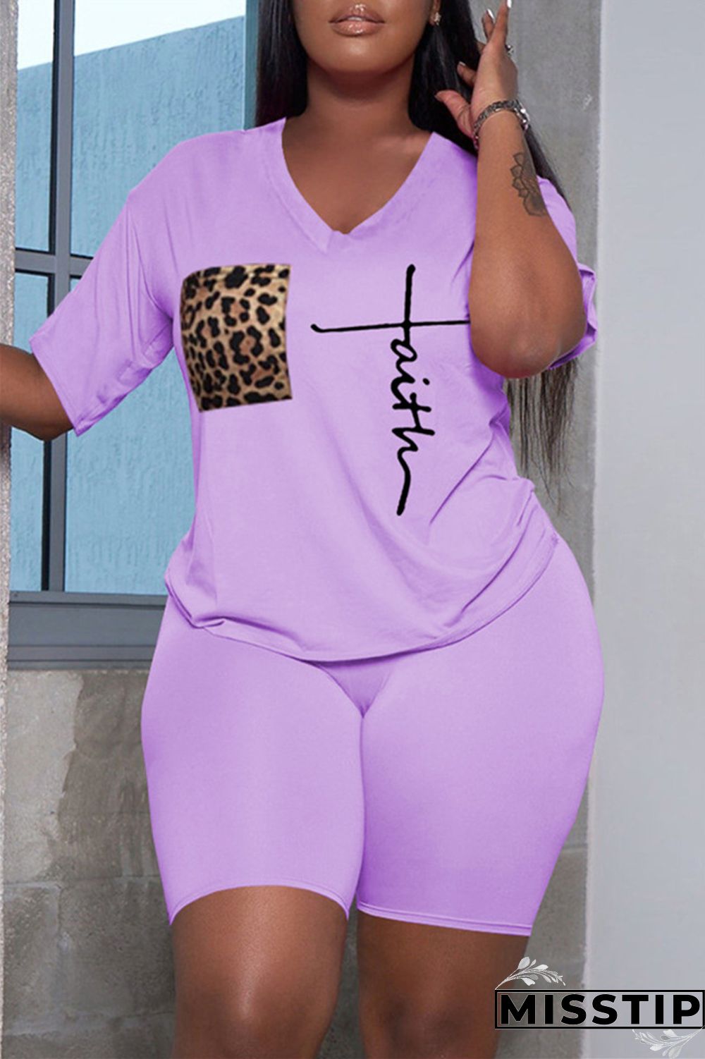 Dark Gray Fashion Casual Print Basic V Neck Short Sleeve Two Pieces