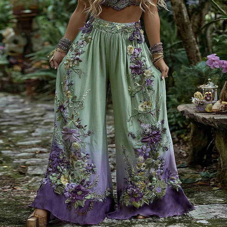 VChics Floral Embroidered Art Print Straight Leg Linen Blend Pants