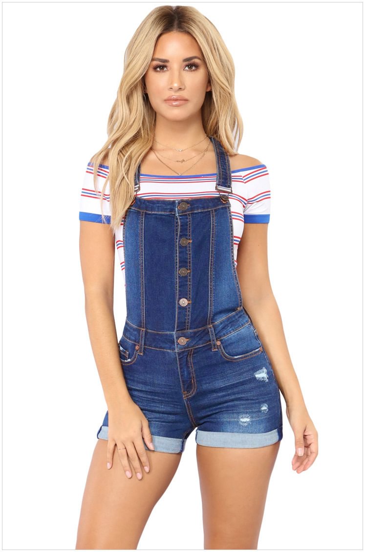 Spring Ripped Hip Lifting Suspender Curling Jeans Shorts