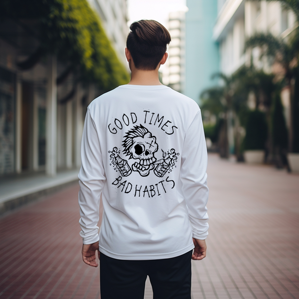 GOOD TIMES, BAD HABITS Funny Skull Graphic Print Longsleeves Shirt