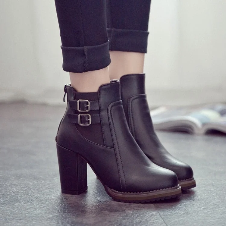 Women Shoes 2021 Autumn Size 43 Retro Black Pumps Belt Buckle Short Boots Fashion Heeled Ankle Boots Women Zapatos Mujer