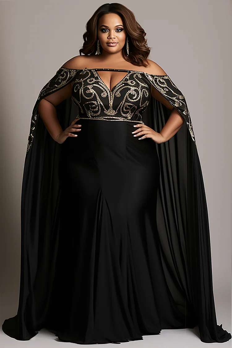 Xpluswear Design Plus Size Evening Gowns Black Off The Shoulder Cape Sleeve Print Cut Out Knitted Maxi Dresses [Pre-Order]