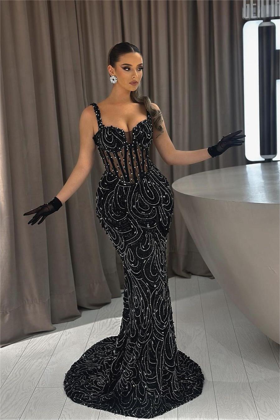 Lvs&Broner Exquisite Black Straps Sleeveless Mermaid Beaded Evening Dress With Gloves