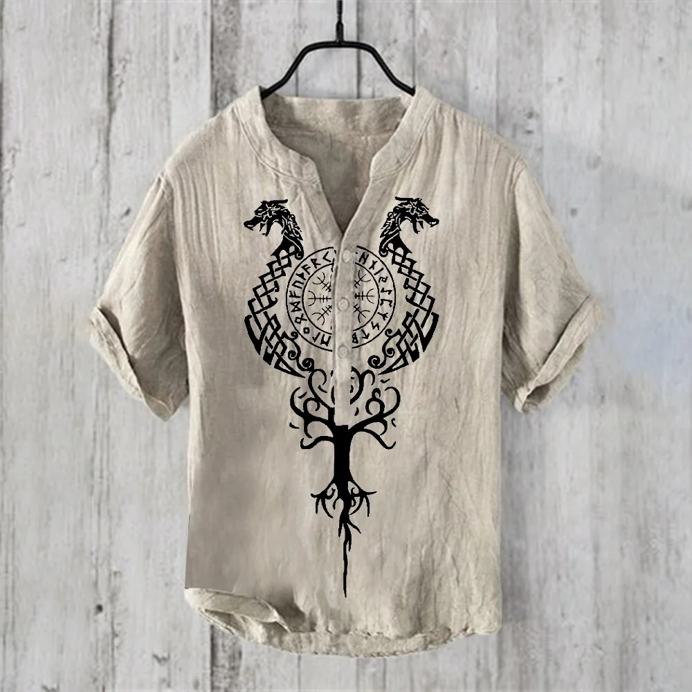 Viking Ethnic Dragon Totem Art Linen Blend Shirt