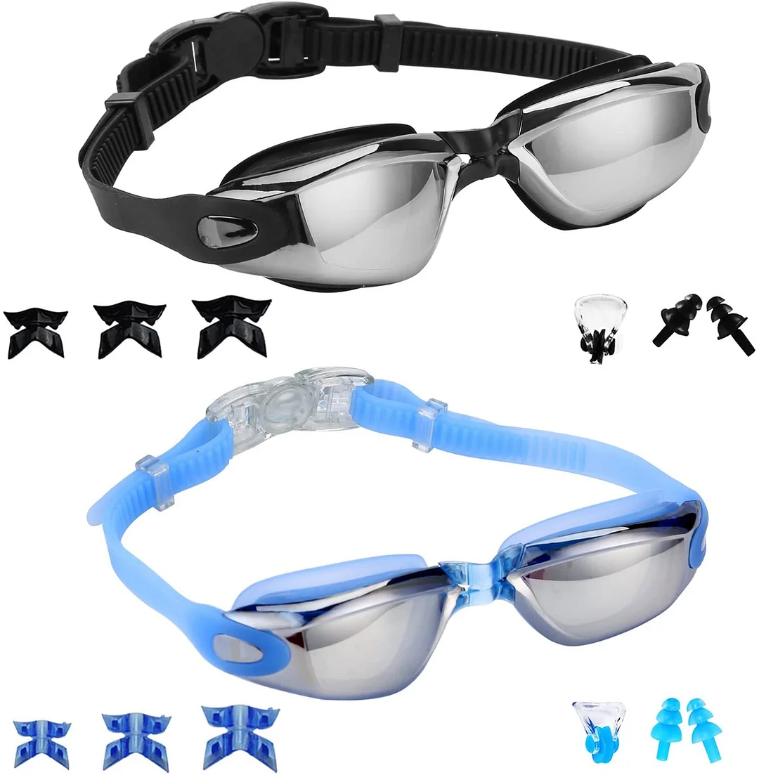 2 Pack Swim Goggles+ Nose Clip + Ear Plugs+Replaceable Nose Pieces,Anti Fog UV Protection Water Proof Goggles