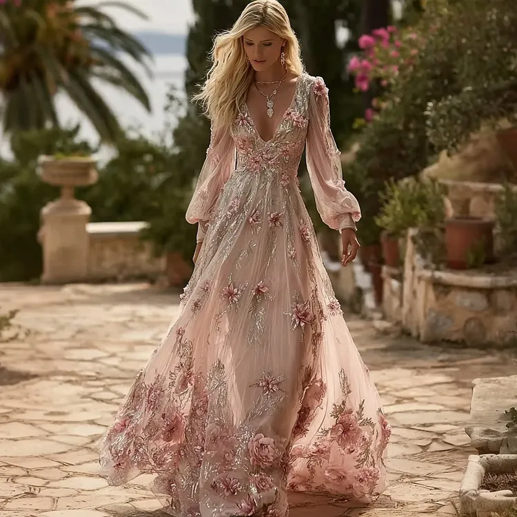 Vintage Boho Pink Floral Art V Neck Flowy Maxi Dress