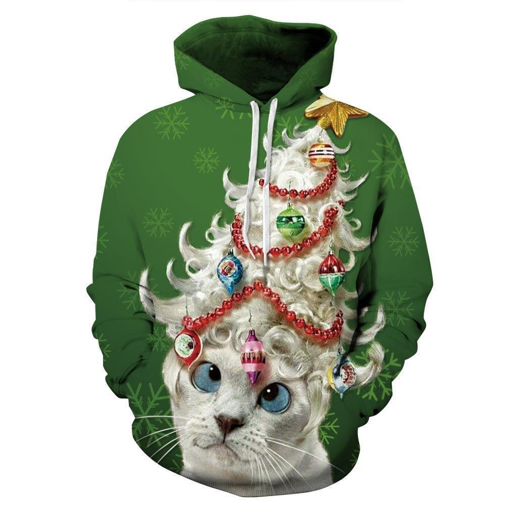 Men's Casual Christmas Tree Print Green Hoodie-VESSFUL