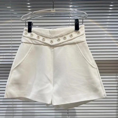 Hot Drilling Pearl Flower Beaded Suit Shorts Women Simple Graceful White Black Shorts Female 2022 Spring Summer New Short Pants