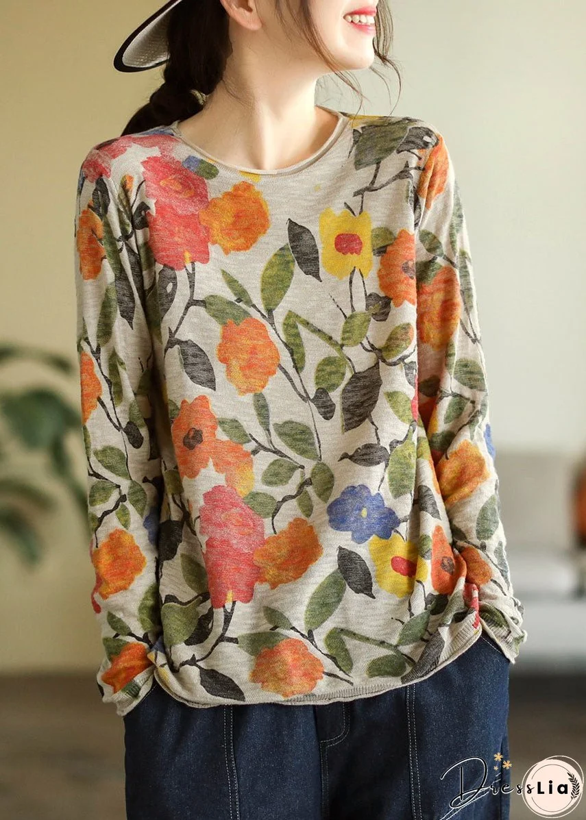 Women Beige O-Neck Print Knit Tops Fall