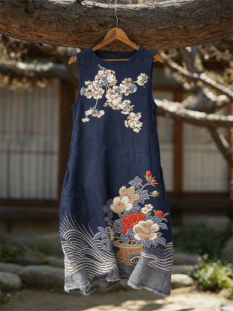 Japanese Traditional Floral Art Flowy Linen Tank Dress wearshes