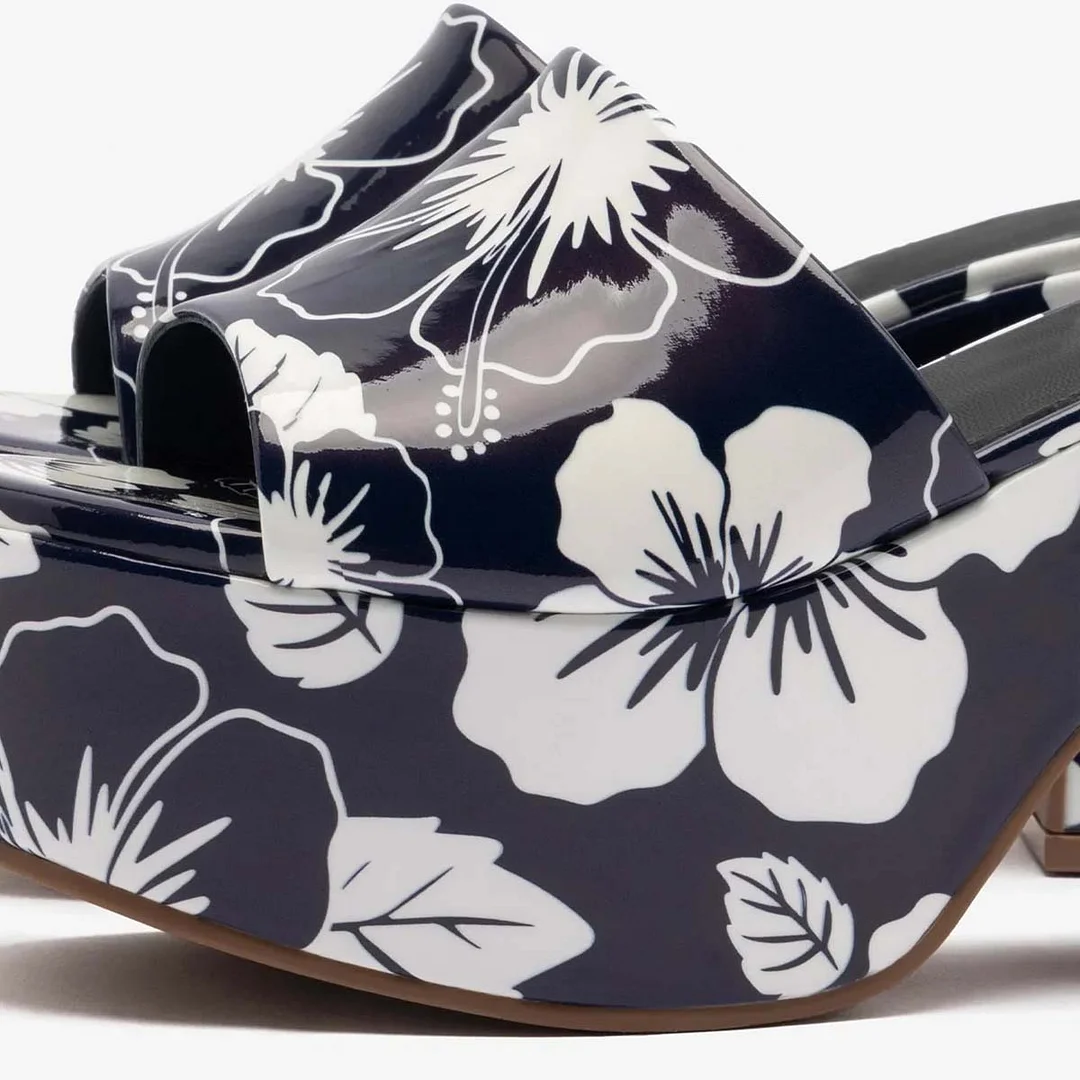 Navy & White Floral Print Open Round Toe Platform Heel Sandals