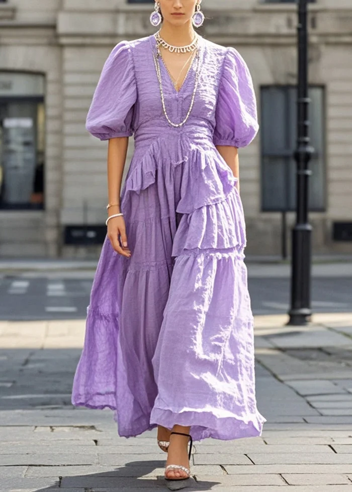 Beautiful Purple Puff Sleeve Exra Large Hem Cotton Long Dresses Summer