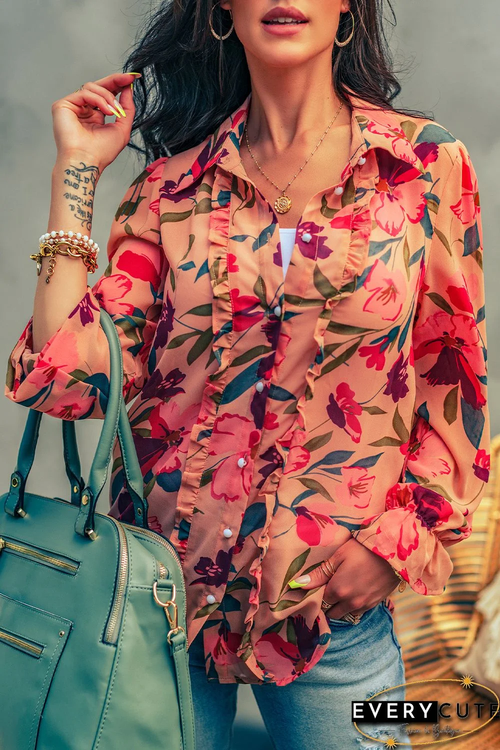 Red Floral Print Ruffled Long Sleeve Shirt