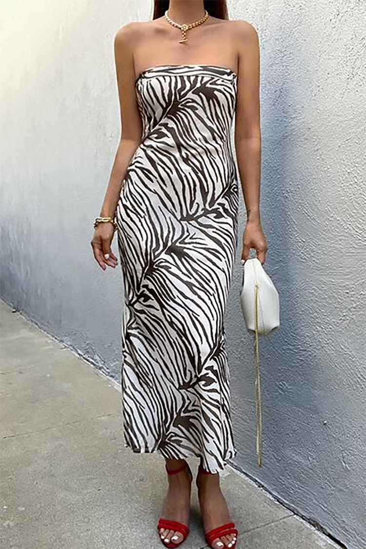 Boat Neck Zebra Stripes Print Tube Slim Maxi Dresses