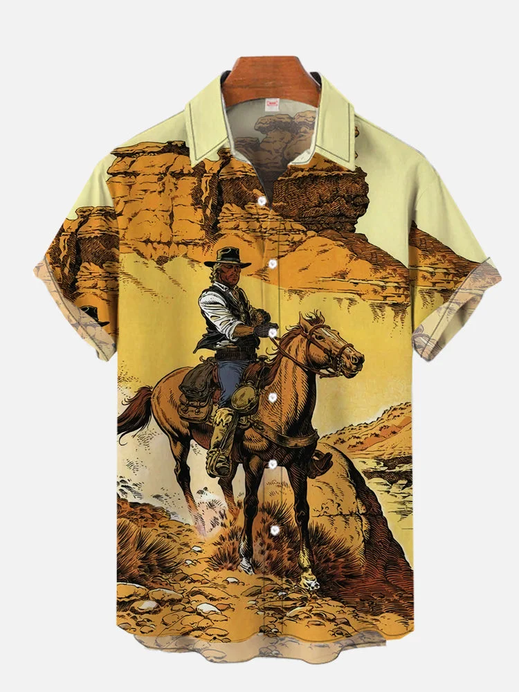 The Art Of The West Cowboy Riding In Desert Printing Short Sleeve Shirt