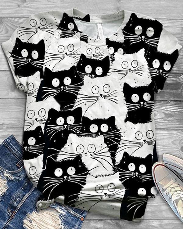 Cute Cat Printed Round Neck Shirts & Tops For Women - Chicaggo
