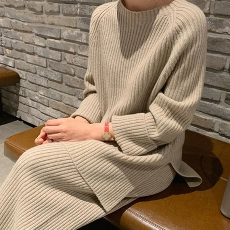 Women Autumn Knitted Long Sleeve Top Wide Leg Pants Set Casual Korean 2PC Lady O-Neck Sweater Suits Classic Solid Femme Outfits