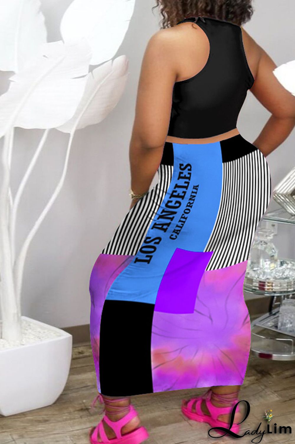 Black Orange Fashion Sexy Print Basic U Neck Plus Size Two Pieces