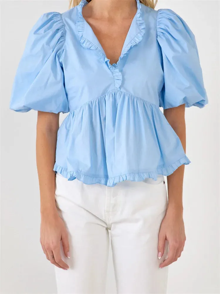 Puff Sleeve Ruffle Trim V-neck Blouse